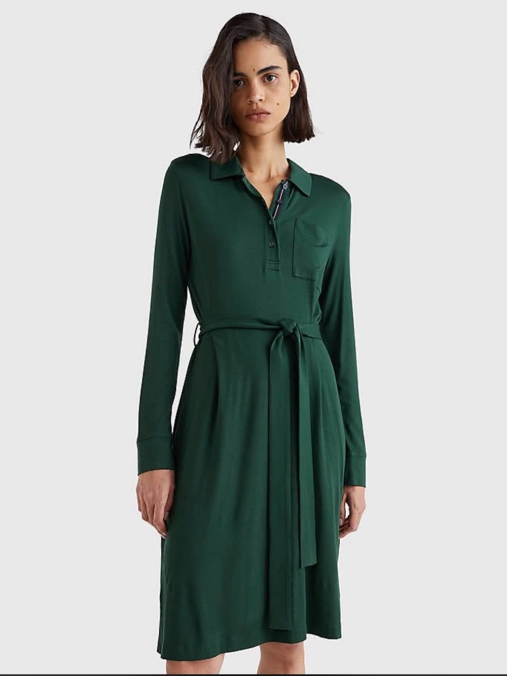 Tommy Hilfiger Dark Green Long-Sleeve Polo Mini Dress with Waist Tie